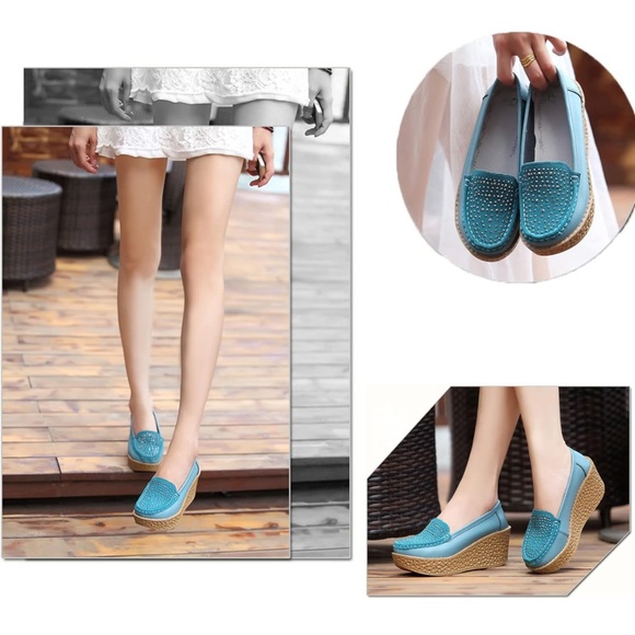 Rhinestones Platform Wedge Comfort Non-Slip ,Leather Wedge Moccasins Walking - Picture 5 of 7